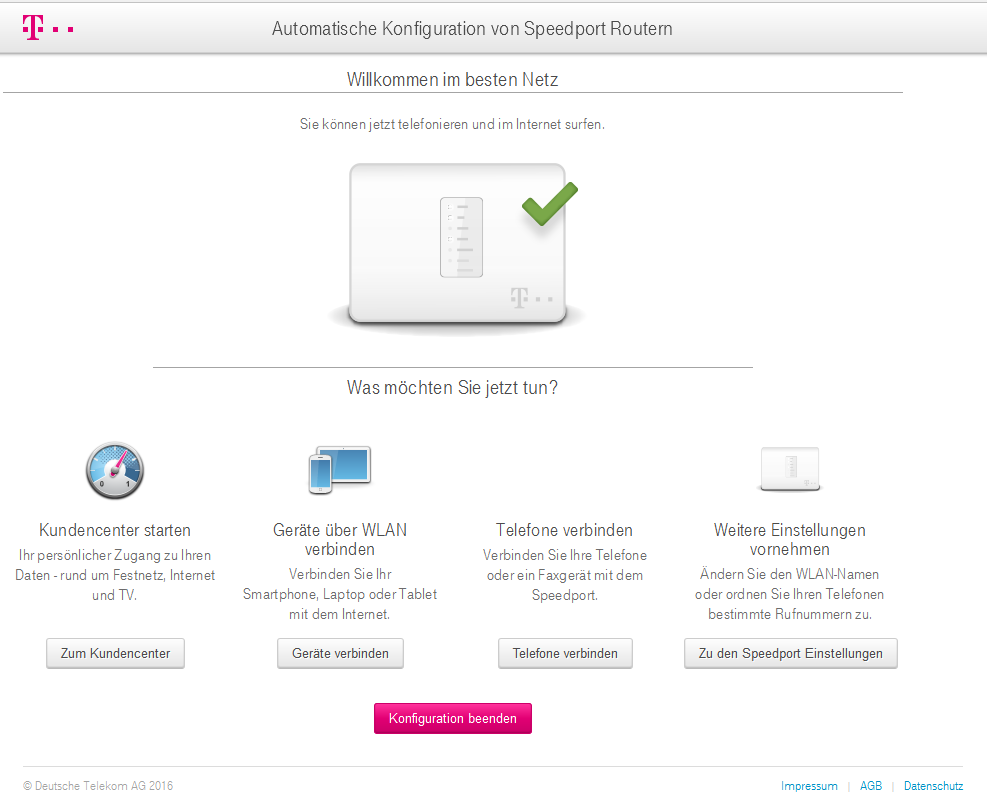 Automatische Konfiguration: Übersichts-Seite "Willkommen im besten Netz"