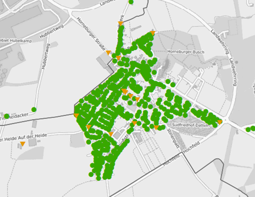 (grüne Punkte: geförderter FTTH-Ausbau // orange Dreiecke: Mit-Ausbau (noch) in Prüfung)