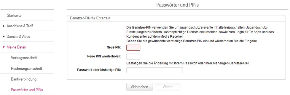 der Bereich "Passwörter & PINs" im Telekom Kundencenter