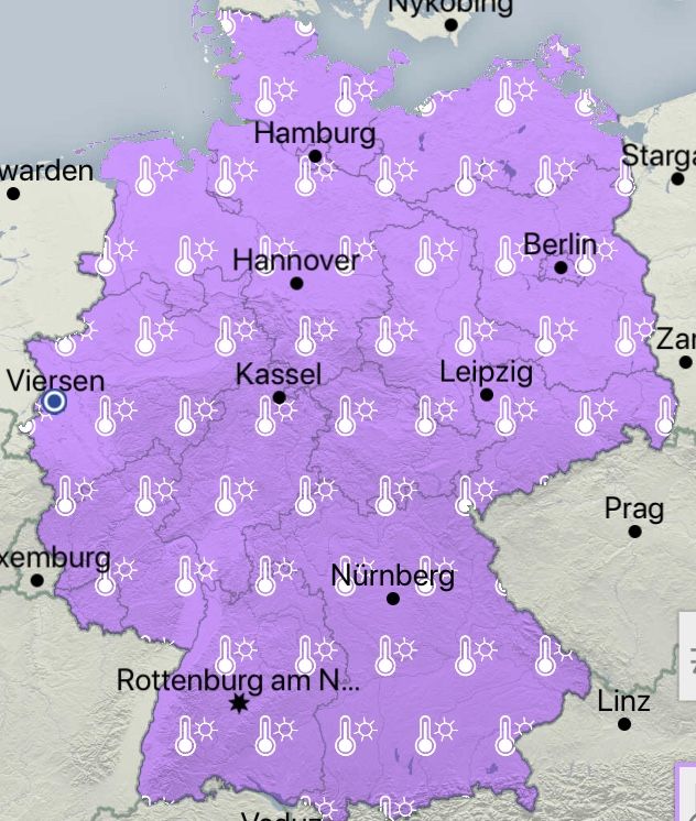 Hitzewarnung bis Donnerstag 19:00 Uhr , Deutschland sieht lila